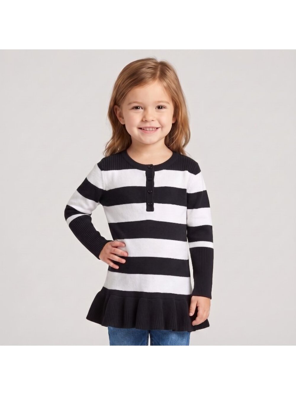 Cooper Key Girl's Black & White Bold Stripe Ruffle Hem Sweater Top in size M 4-5